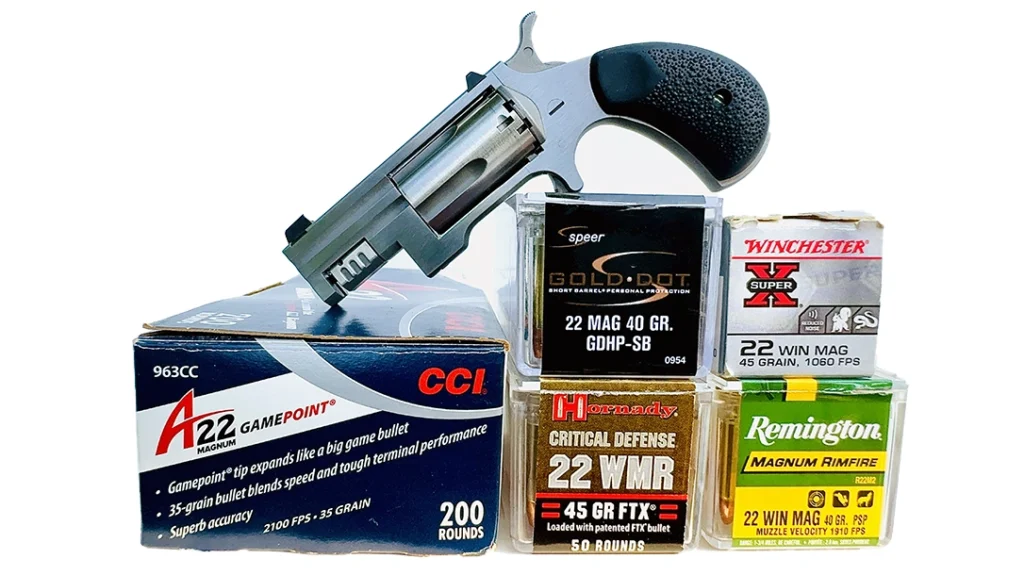 Five different .22 Magnum loads with different bullet weights and configurations were used in the North American Arms Sentinel test and evaluation.