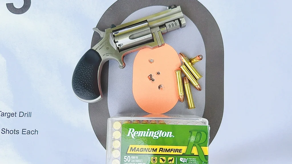 During the accuracy evaluation of the North American Arms Sentinel, the best 5-shot group with the SNT was shot at 12 feet over a sandbag rest, using the Remington Magnum Rimfire ammo.