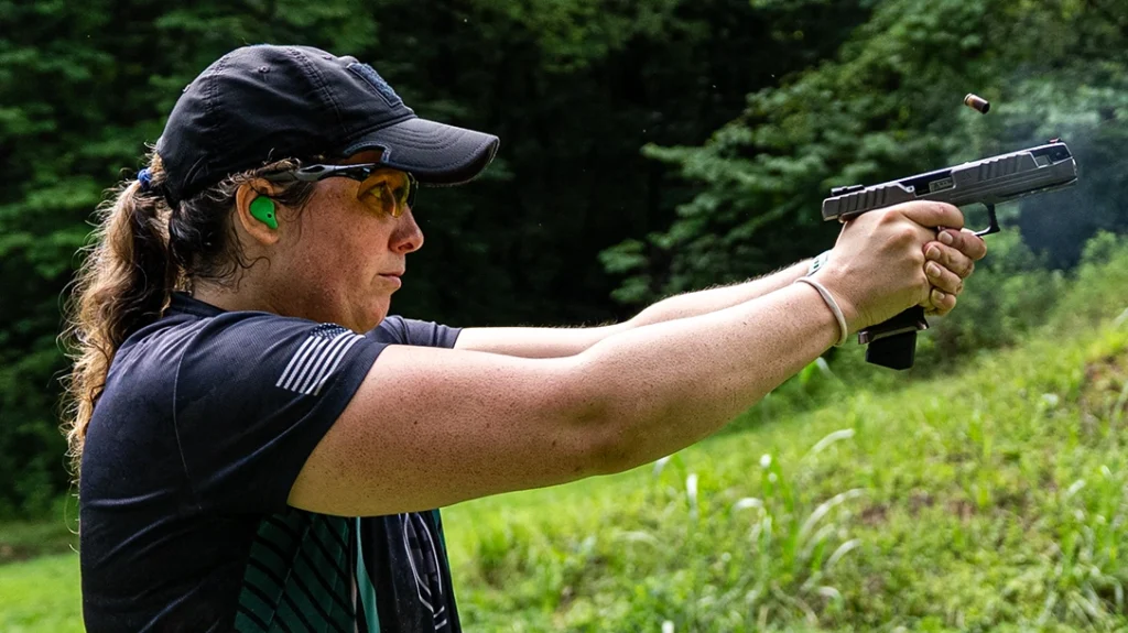 The author running the pistol throttle control drill.