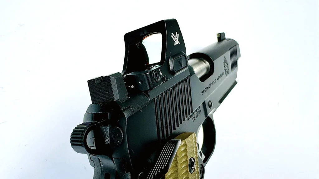 The test pistol came equipped with a Vortex Optics Defender-CCW 3 MOA red dot sight; the factory iron sights co-witness with the optics.