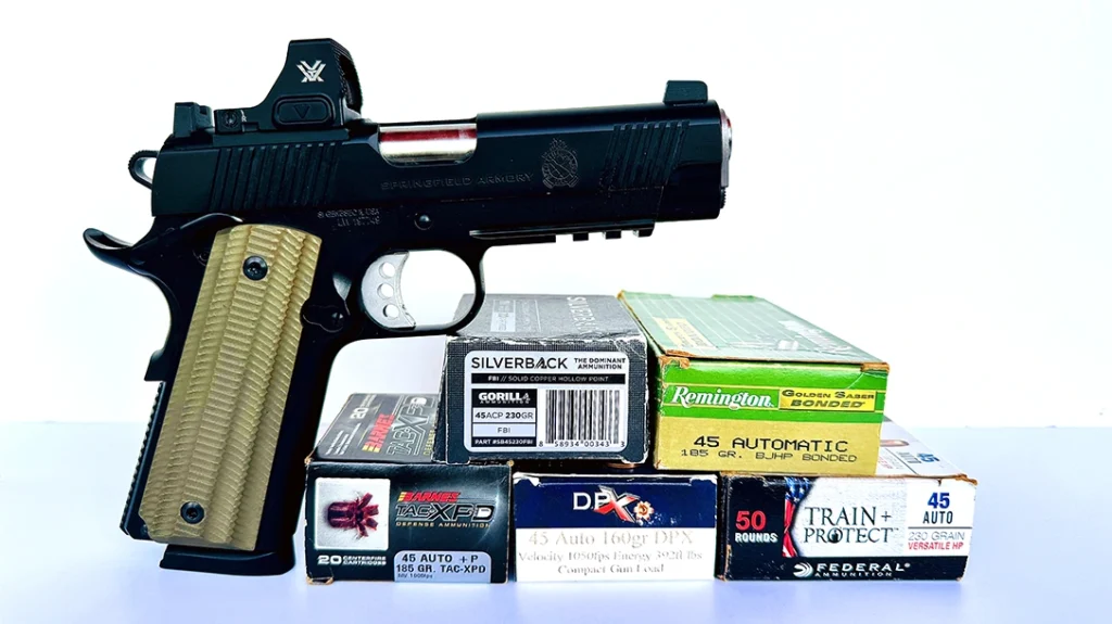 Five different brands of .45 ACP ammunition, in 3 bullet weights, were used during the T&E of the Springfield Armory Operator 4.25 AOS 1911 pistol.