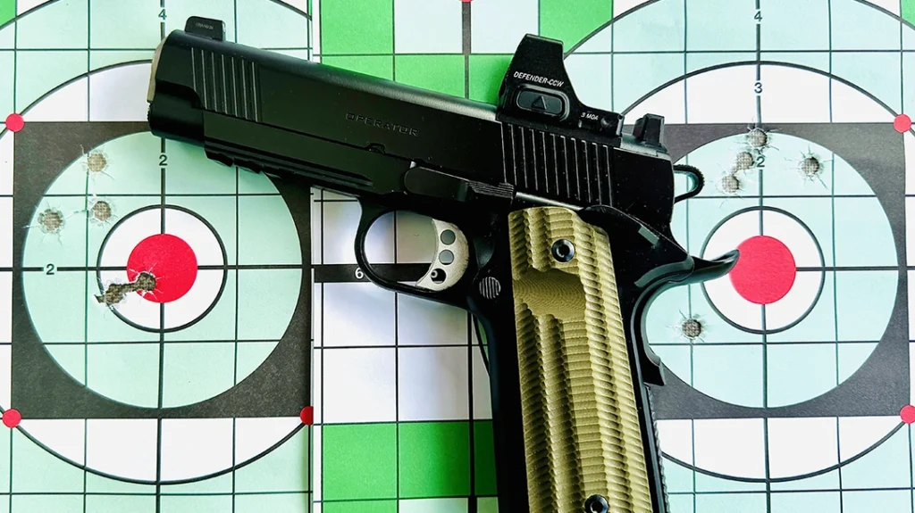 For an interesting exercise, the target on the right was shot using the iron sights on the Operator, the target on the left, with the Vortex MRDS; distance was 10 yards.