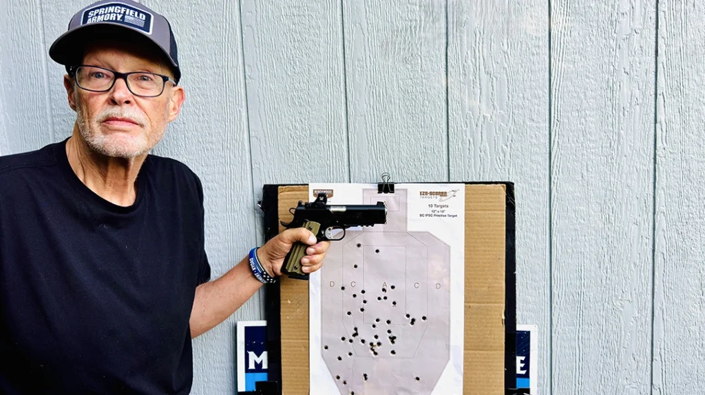 Here you can see the results of the rapid-fire exercise with the Springfield Armory Operator 4.25 AOS; the target was a reduced size BC IPSC Practice Target, and all 48 shots impacted inside the tan silhouette.