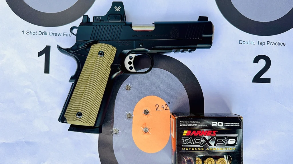 Hampered by “Tennis Elbow,” the best 5-shot group I could manage measured 2.42” and was made using the Barnes TAC-XPD Defense Ammunition.