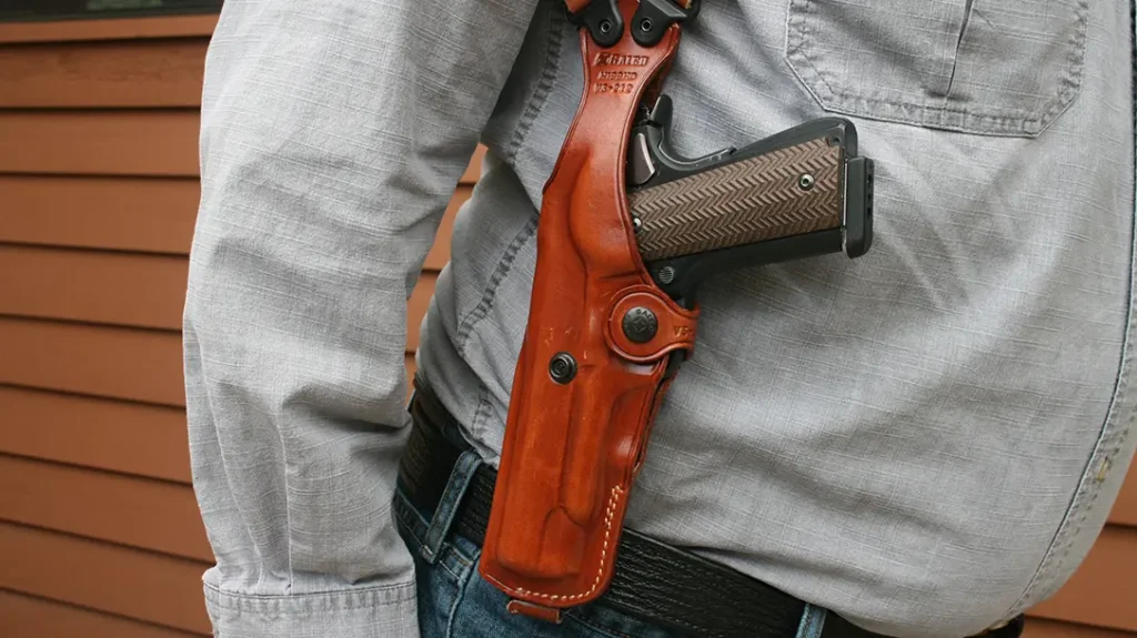 A shoulder holster provides an alternative to belt carry. 