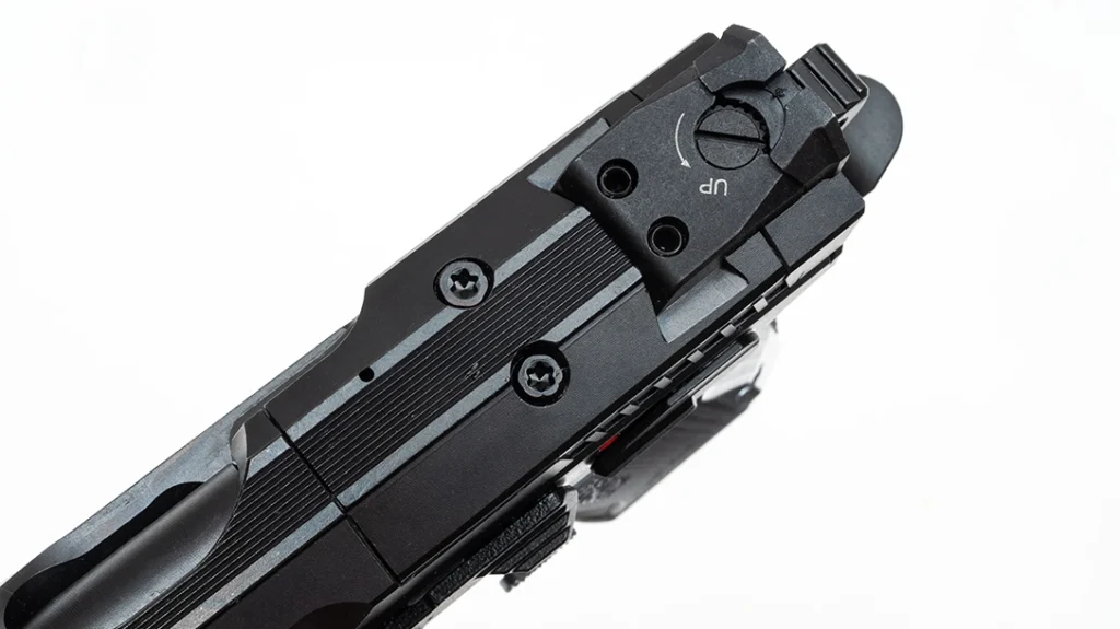 The downside of the rear sight is that it is part of the slide’s cover plate and comes off the pistol if an optic is mounted.