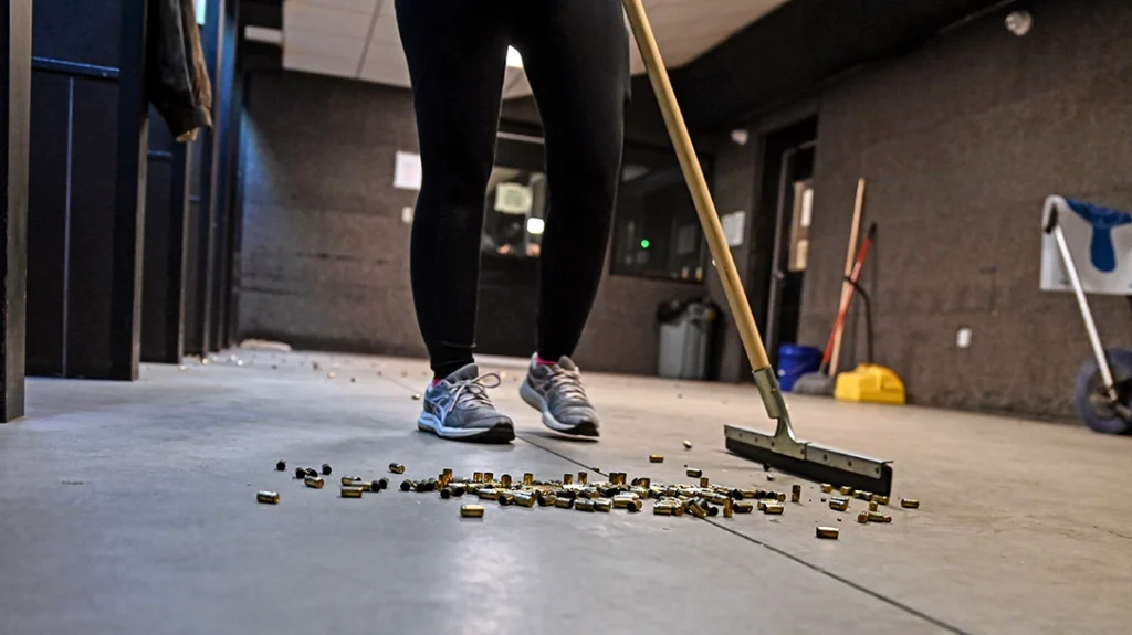 One rule at an indoor gun range is to clean up your brass after shooting.