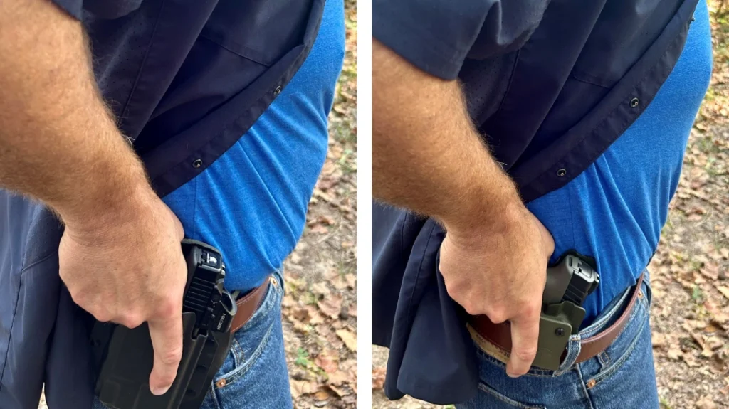 There are also many ways to carry, I tend towards inside or outside the waistband holsters slightly behind my right arm.