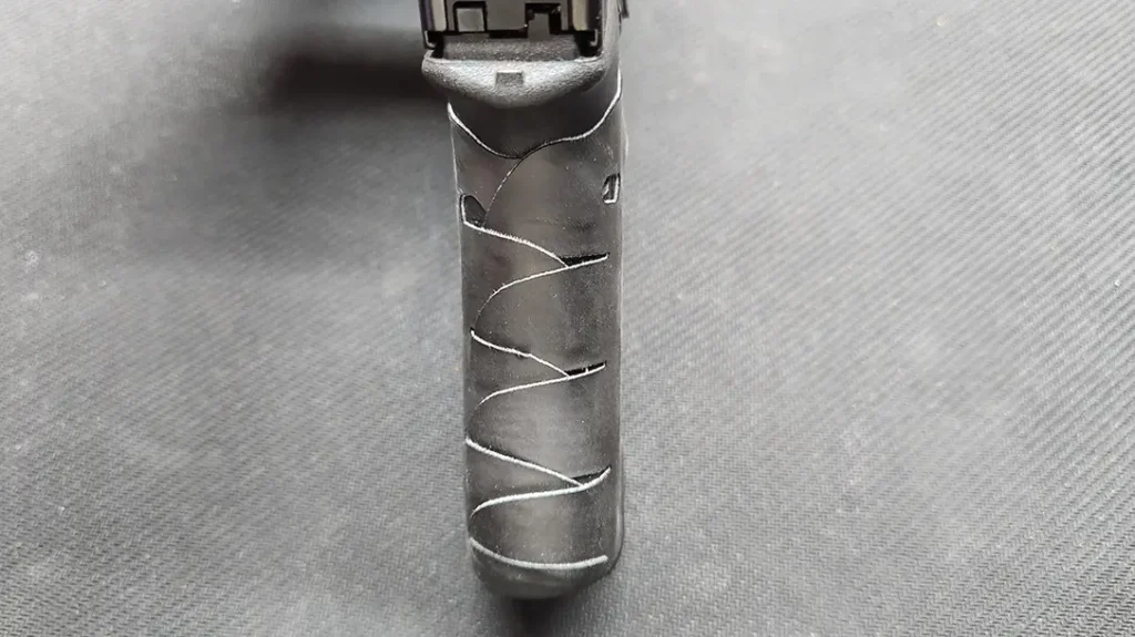 The grip has an interlocking system to help keep it on. 