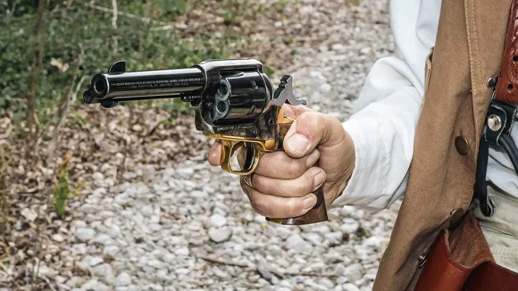 Hammer back on a single-action Ruger Vaquero. 