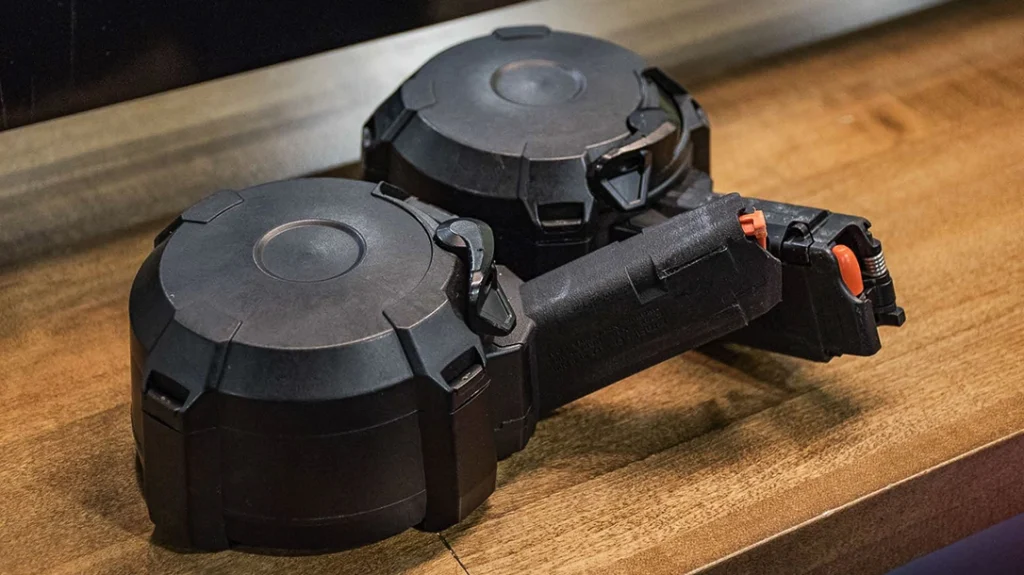 The Magpul D50 is a drum aftermarket Glock magazine holding 50 rounds.