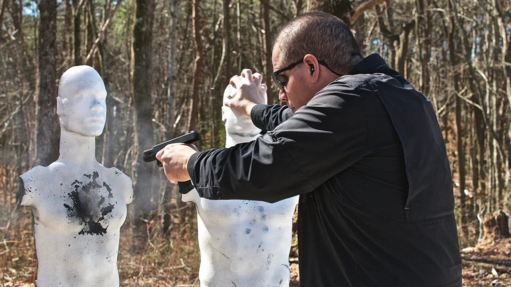 A Glock 19 modified for combatives shooting is a wieldy weapon, capable of inflicting a great deal of damage, in very tight quarters.