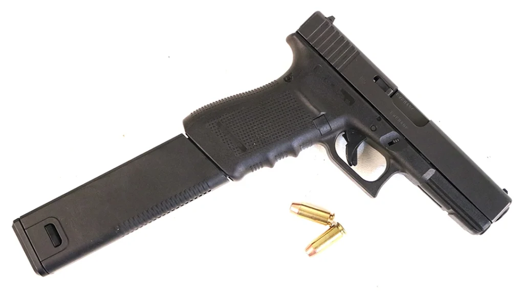 My salvaged 10mm pistol came with this ludicrous extended magazine.