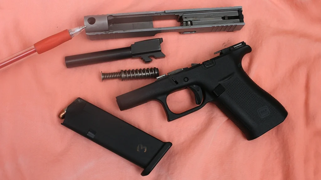 The GLOCK 48 Slimline includes the Marksman barrel, milled front slide serrations, reversible magazine catch, and a reduced-thickness frame with a built-in beavertail.