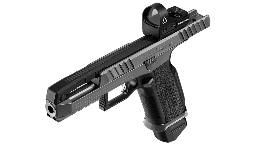 What’s so neat about the Laugo Arms Alien Creator Evolution design is that the sights are fixed in one place as the gun cycles.