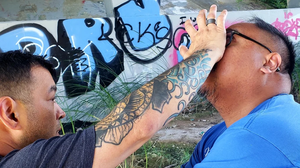 Pressure Points and Vital Striking Areas: The Author delivers a straight palm strike to his attacker’s nose, driving his head back.