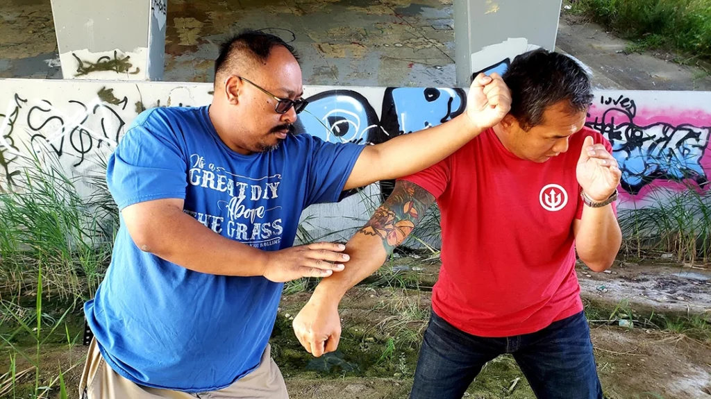 Pressure Points and Vital Striking Areas: Finally, Frank clears Sam’s strike with his right hand and delivers a back fist to the temple.