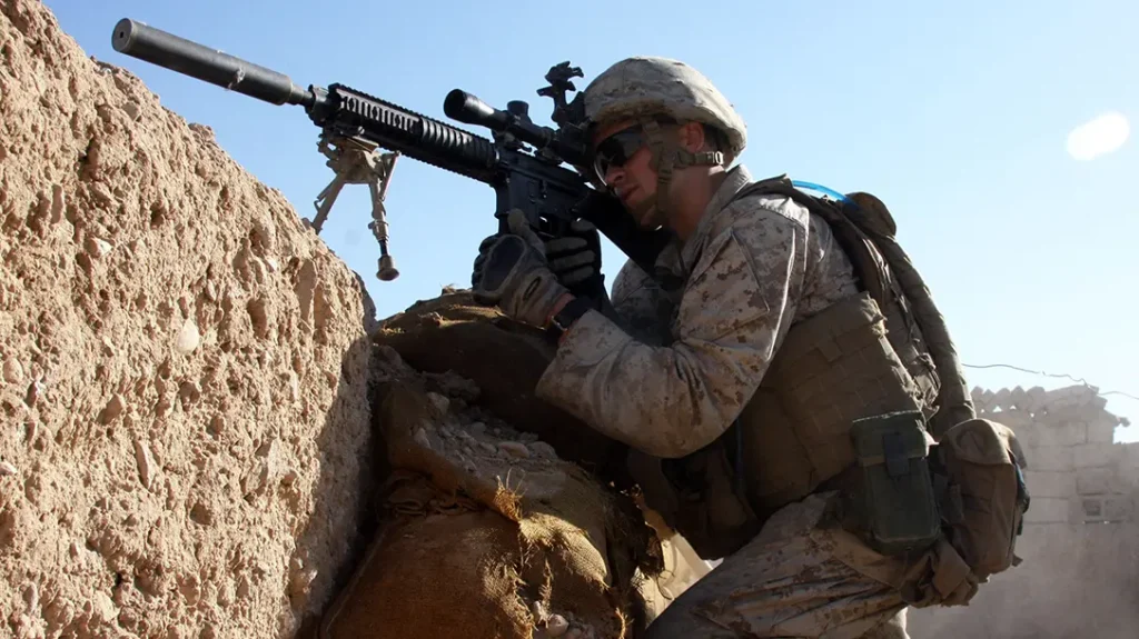 Aiming in with the SPR version of the M16 platform. 