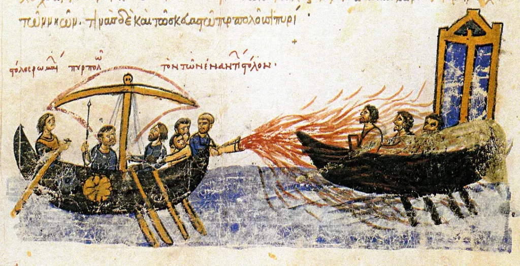 A 12th-century illustration from the "Madrid Skylitzes" shows an Eastern Roman Empire/Byzantine warship using their "secret weapon" Greek Fire against a ship belonging to the rebel Thomas the Slav in 821 AD. Why aren't such Middle Ages flamethrowers even seen in fantasy worlds? (Photo: Public Domain)
