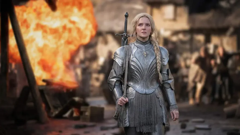 Galadriel wears detailed plate armor in "Rings of Power," but it didn't make an appearance until the 13th century as firearms were making their way to Europe. (Photo: Amazon)
