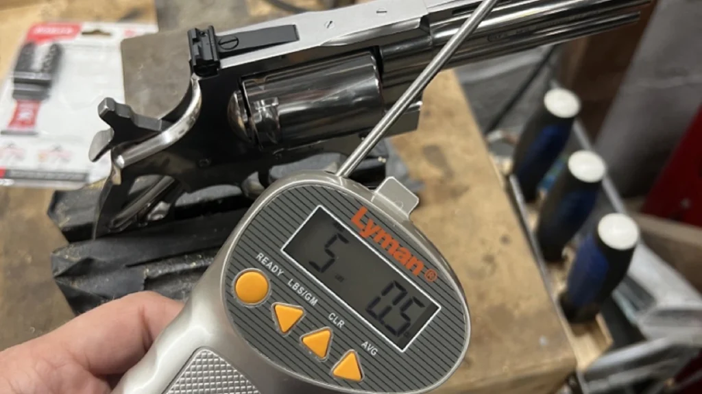 Single-action trigger pull averaged 5 pounds.