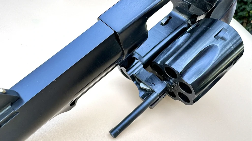 Cylinder lockup on the Lipsey’s Ruger SP101 is in the breech-face and on the crane/yoke, as can be seen just below the ejector rod.