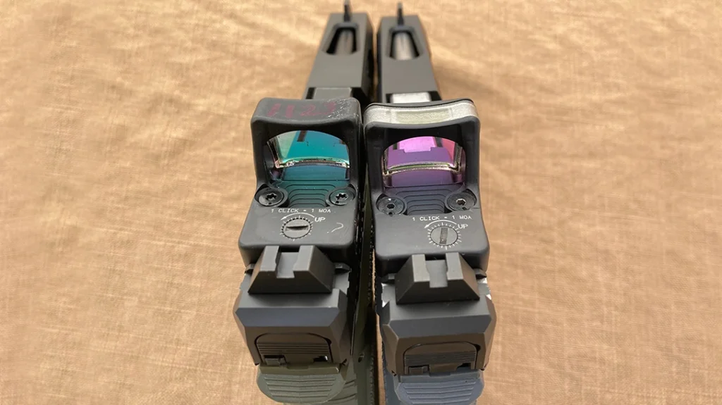 Optics for Handguns: The Trijicon RMR06 (L) and RMR04 (R) are identical in body dimensions except that the 04 requires a battery and the 06 uses Fiber Optics to run indefinitely.