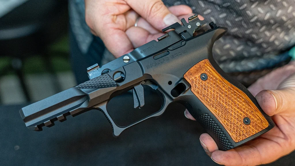 The Echelon Central Operating Group is self-contained and serialized. So, there’s no need to do more paperwork to install it in the Sharps Bros grip module.