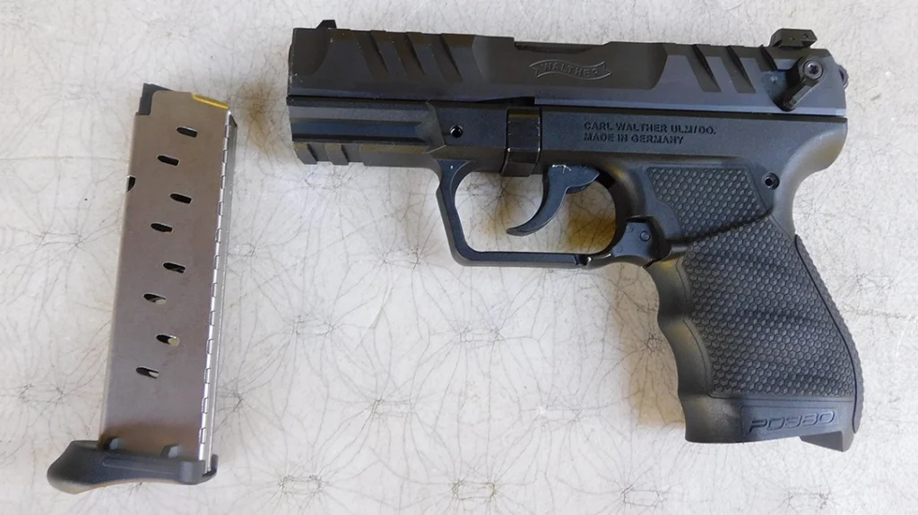 The pistol utilizes a single-stack, 9-round magazine.