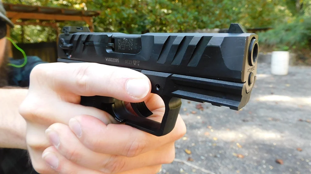 Deep front and rear cocking serrations on the Walther PD380 slide provide a firm purchase for manipulation while also reducing a bit of weight.