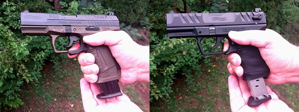 Left: The P99’s long mag release paddles are easy to reach. Right: The short paddles on the Walther PD380 require me to slightly shift my grip.