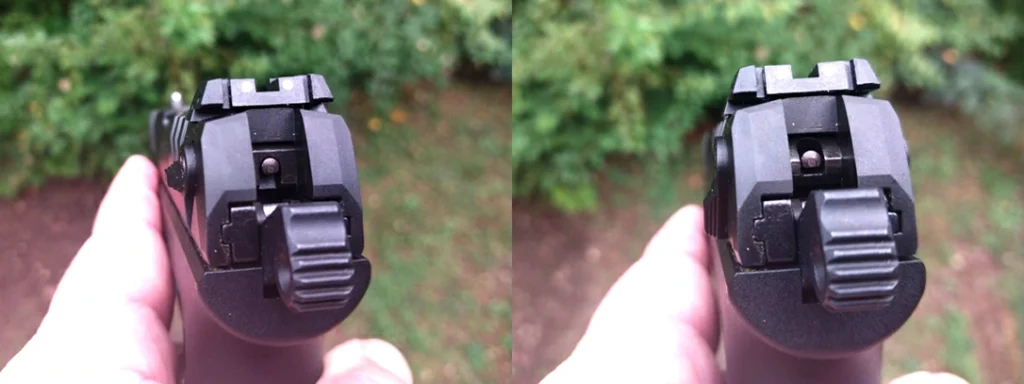 Left: Safety off, exposing the firing pin Right: Safety on. Note the subtle firing pin block.