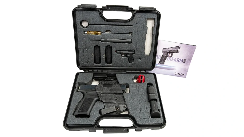 Included with the CANiK MC9L is a concealed carry IWB holster, cleaning tools, different-sized backstraps, and two magazines.