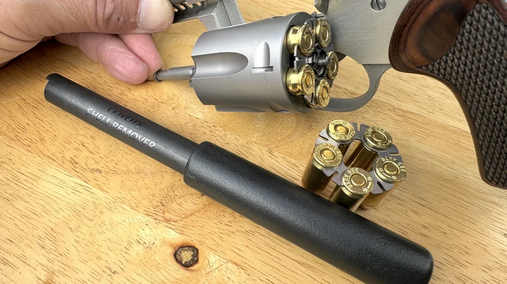For empty cartridge case extraction, the Charter Arms Coyote requires moon-clips, two of which are provided; an optional moon-clip shell remover is a worthwhile accessory.