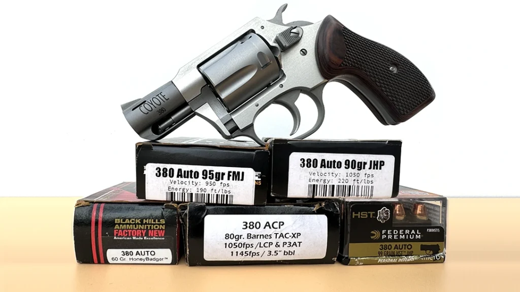Five .380 ACP loads were used in the Coyote T&E; the two boxes the revolver is resting on are from House of Payne (HOP) Munitions.