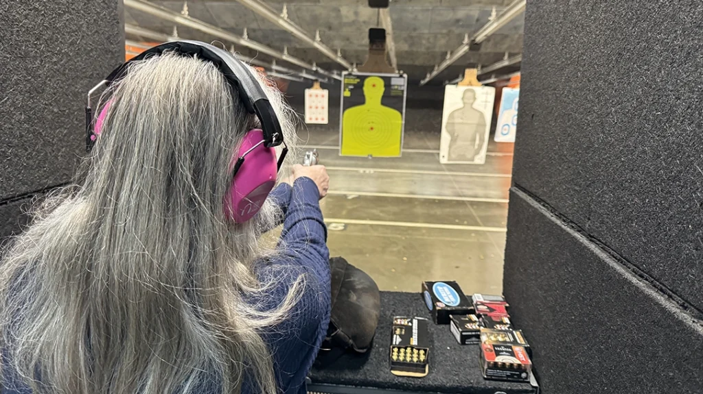 Folks who are recoil sensitive and have weak and/or arthritic hands might find the Charter Arms Coyote a good choice; here, the author’s wife takes some shots DA at 5 yards.