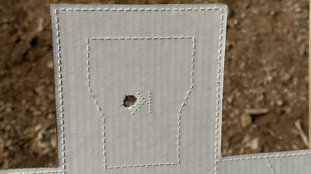 At 5 yards—slow fire using the irons—the Daniel Defense H9 pistol put rounds in roughly the same hole.