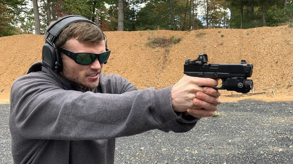 With the Doubles Drill, start by looking at a small spot where you want the rounds to go and aggressively force your eyes to focus there.