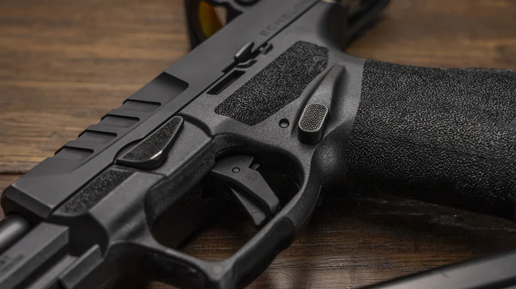 The mag release is ambidextrous, meaning buttons on both sides.