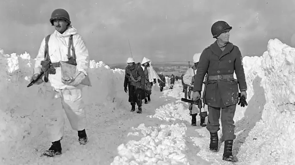 U.S. troops on the march during the Battle of the Bulge.