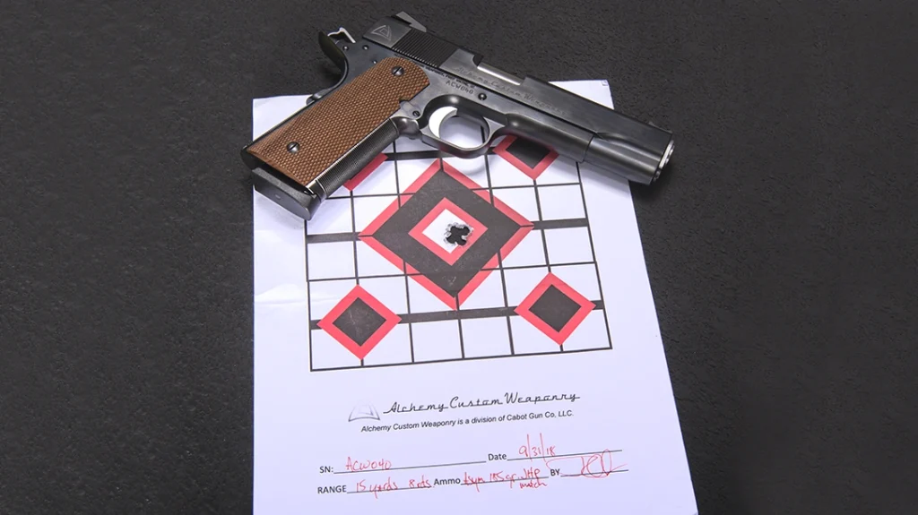 During a writer’s conference, each Alchemy Prime 1911 was lying on a test target with impressively tiny groups punched through it.