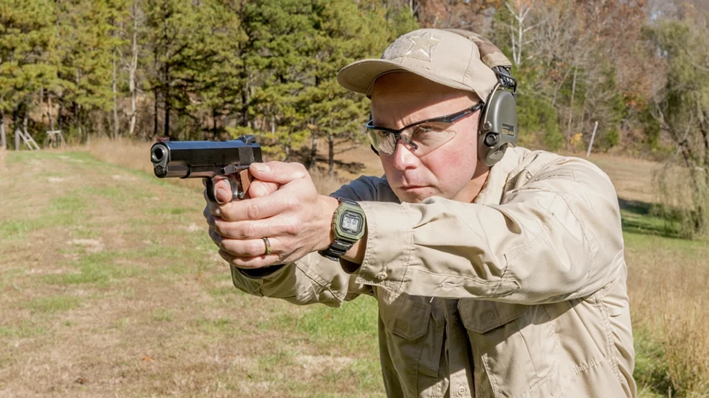 The author shooting the Alchemy Prime 1911.