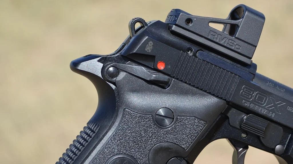 There’s an extended tang on the frame to prevent the user from being bitten by the reciprocating slide.