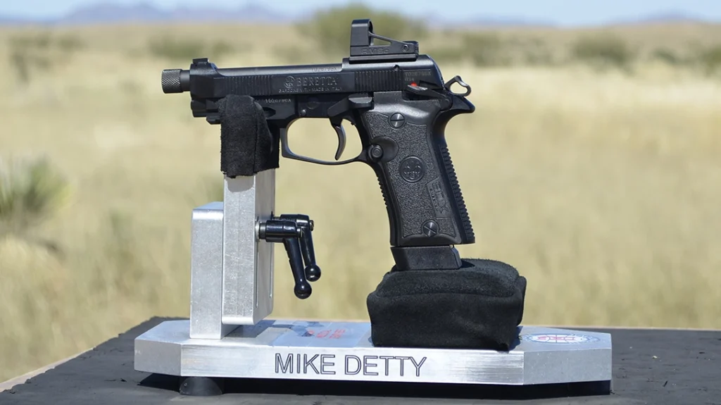 The author used a Ransom Rest Multi Cal Steady Rest to rest the dust cover of the Beretta 80X Cheetah Tactical Urban, centering the RMSc’s dot on the center of the bullseye while adding pressure to the trigger.