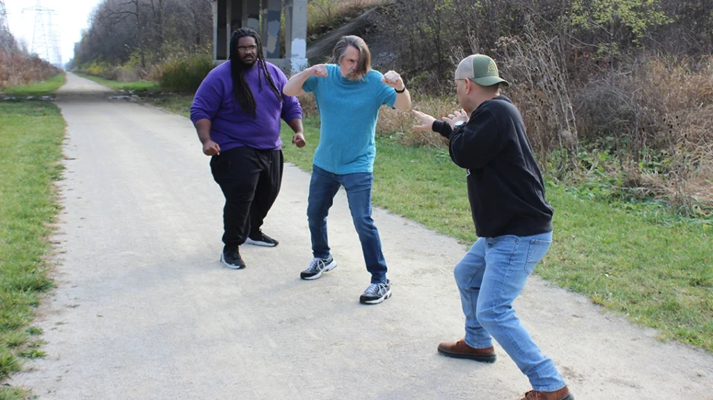 The author defensively moves to “line up” the aggressive attacker in front of the second attacker. This makes it a little easier to face one attacker at a time when there are multiple attackers.