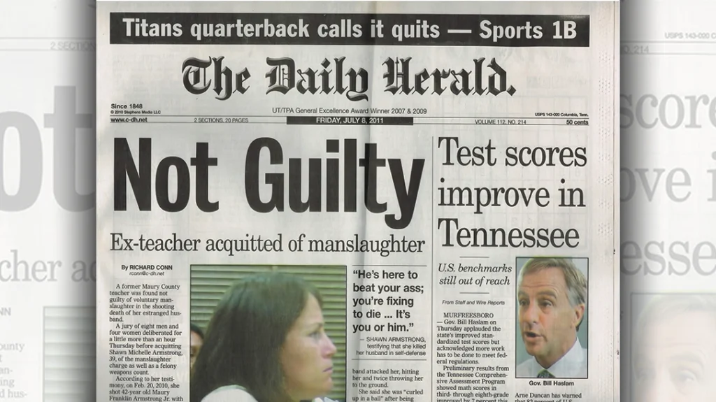 Self-Defense Shooting Defendant: Local newspaper headline after defendant in Case 1 was acquitted after testifying on her own behalf.