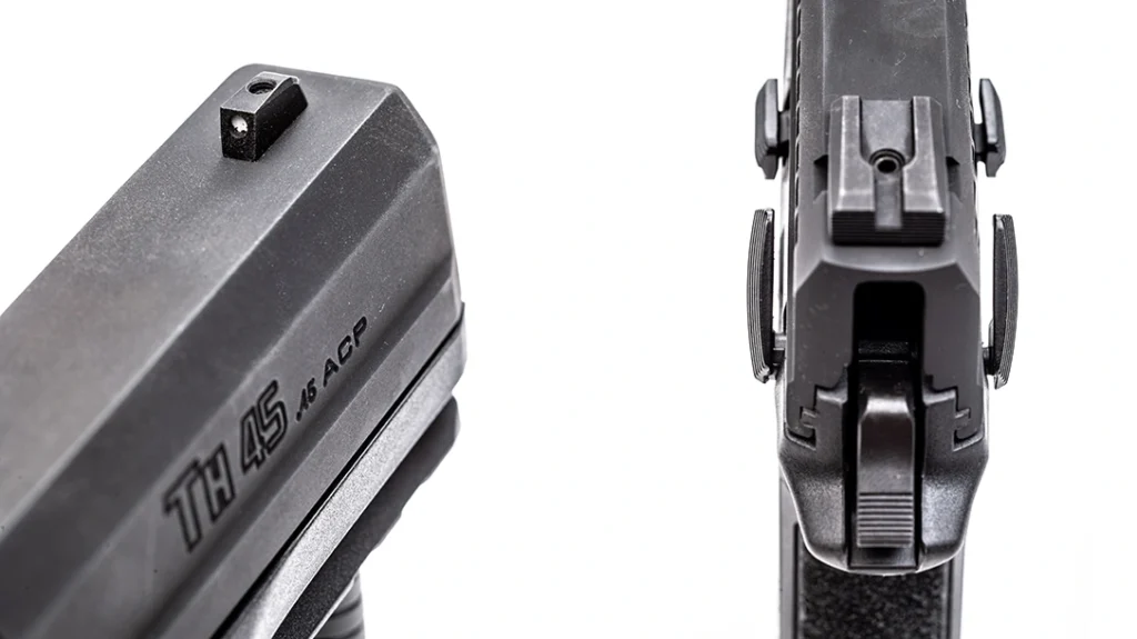 The gun uses the same dovetail as Glock for the rear sight, and the front sight attaches in the same manner as Glock front sights.