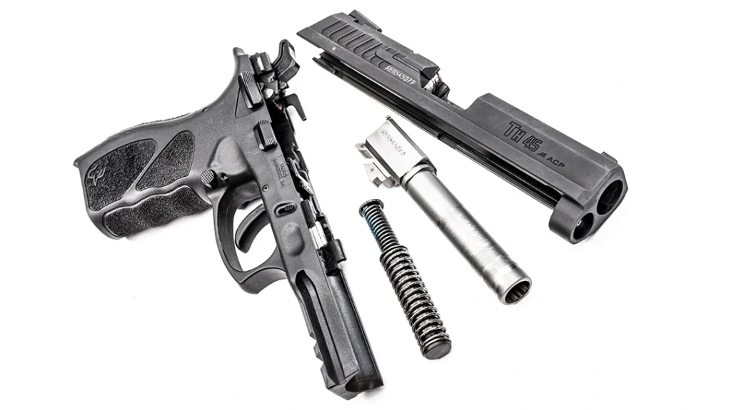 Both springs are captured on a full-length guide rod, and this makes disassembly and reassembly a snap.