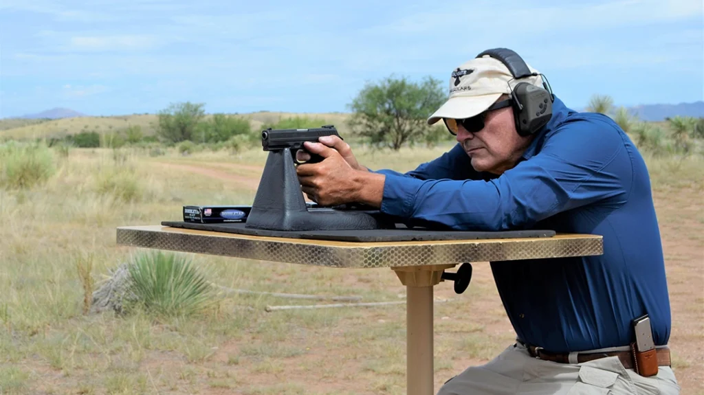 Using a DOA Tactical portable shooting bench, the author fired all groups from a seated rest with the Taurus TH45 pistol resting on my Millett BenchMaster.