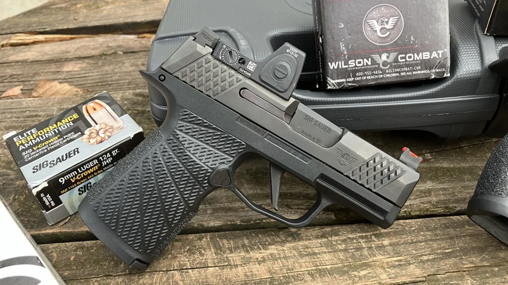 The WCP365X is defined by laser “starburst” stippling on the Wilson Combat lower module.
